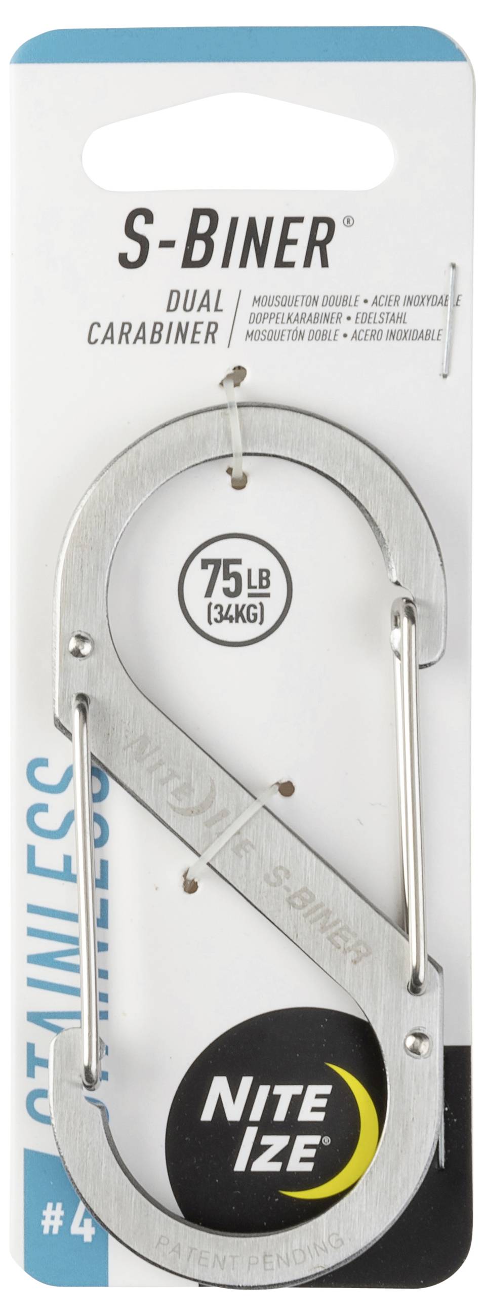 'S-Biner Dual Carabiner' by Nite Ize, made of stainless steel, with a 75 lb (34 kg) capacity.