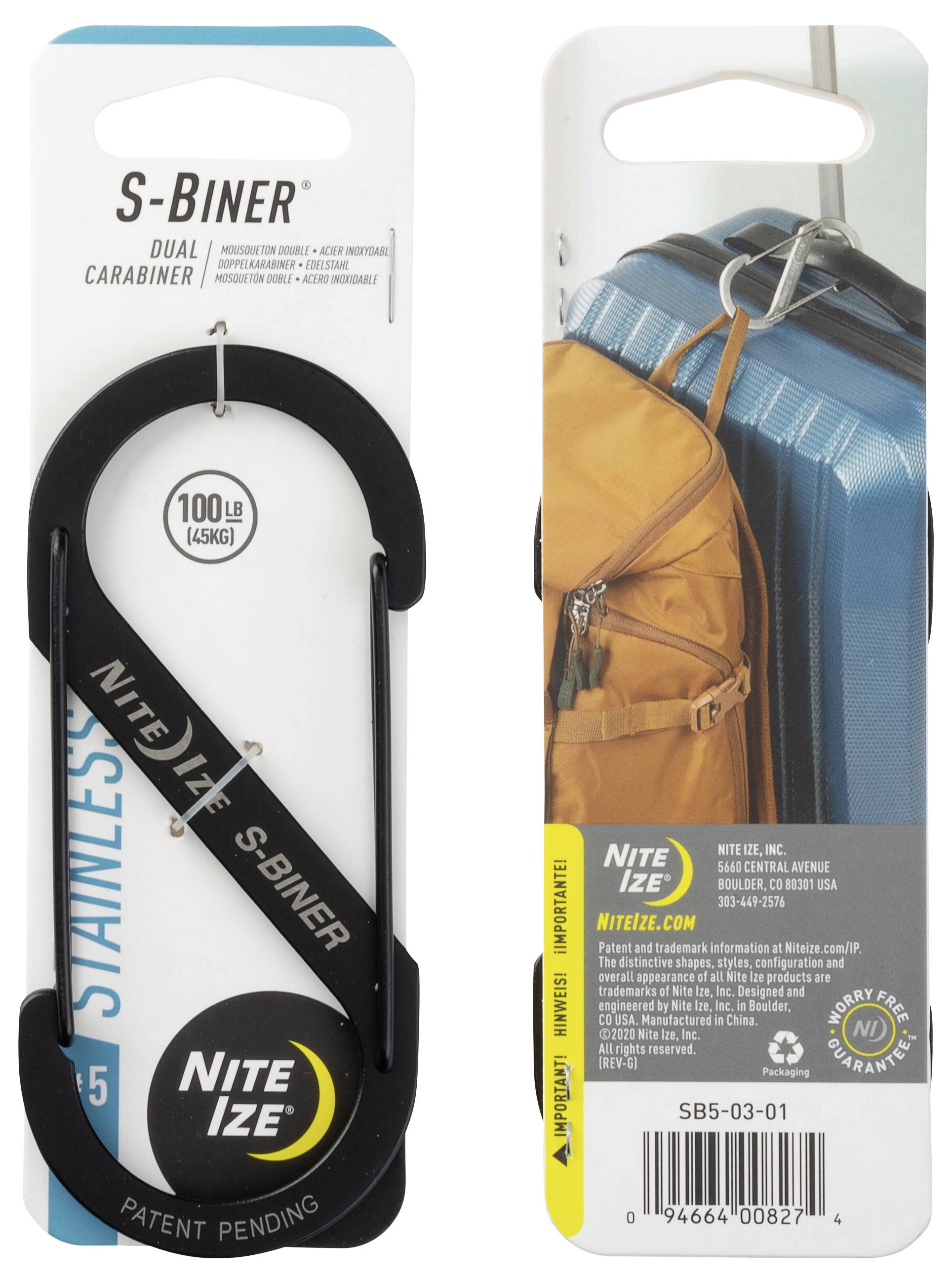 'S-Biner Dual Carabiner' packaging shows a black stainless steel carabiner on the left and one securing a backpack to a suitcase on the right.
