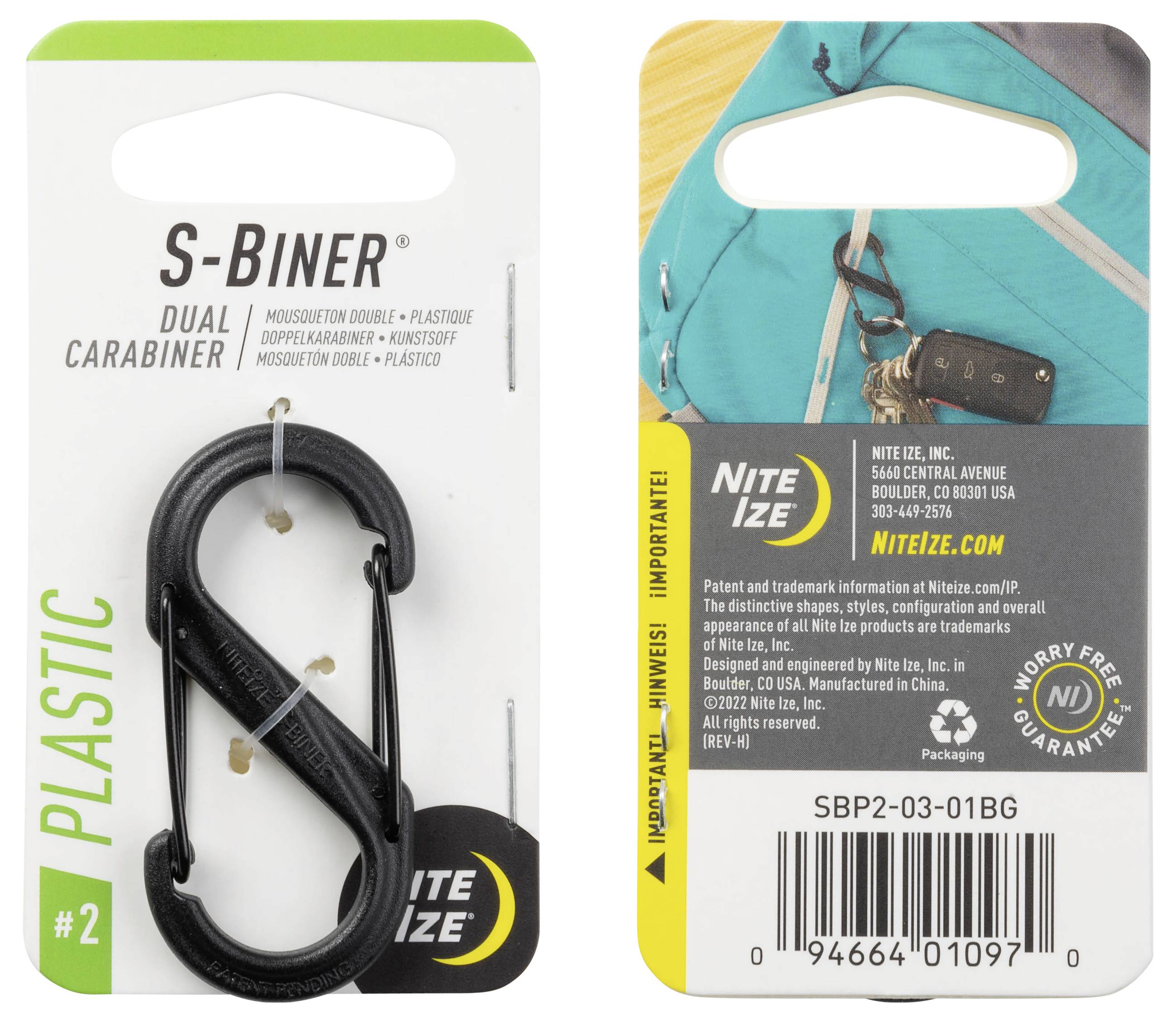 'Front and back of S-Biner package. Front shows dual carabiner; back displays product and manufacturer details. Plastic and black colored.'