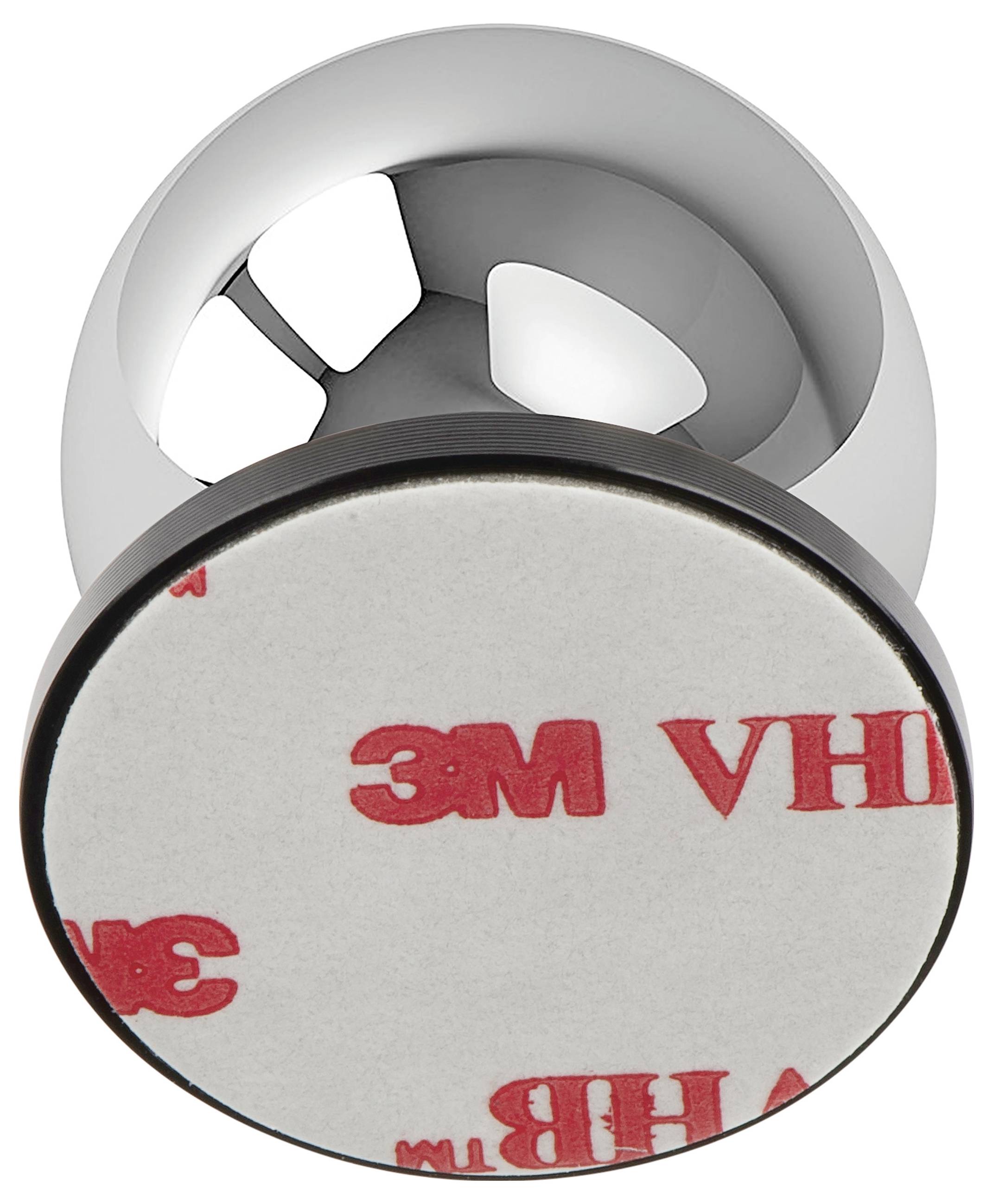 A chrome doorstop with a circular base featuring adhesive backing labeled '3M' in red text, indicating easy mounting on surfaces.