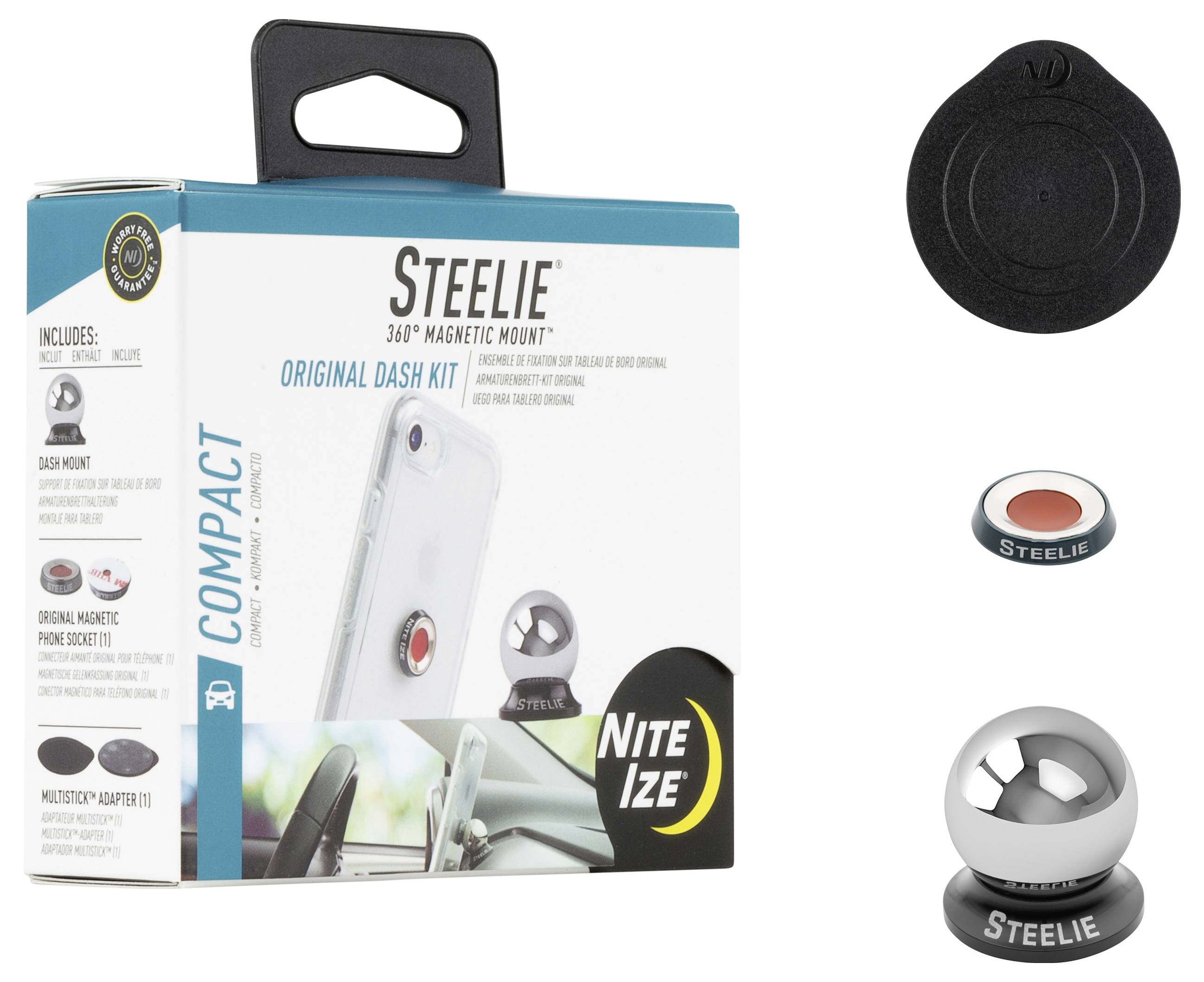 'Nite Ize Steelie Original Dash Kit' packaging and components, including magnetic mount, adhesive disc, and phone socket for hands-free driving.