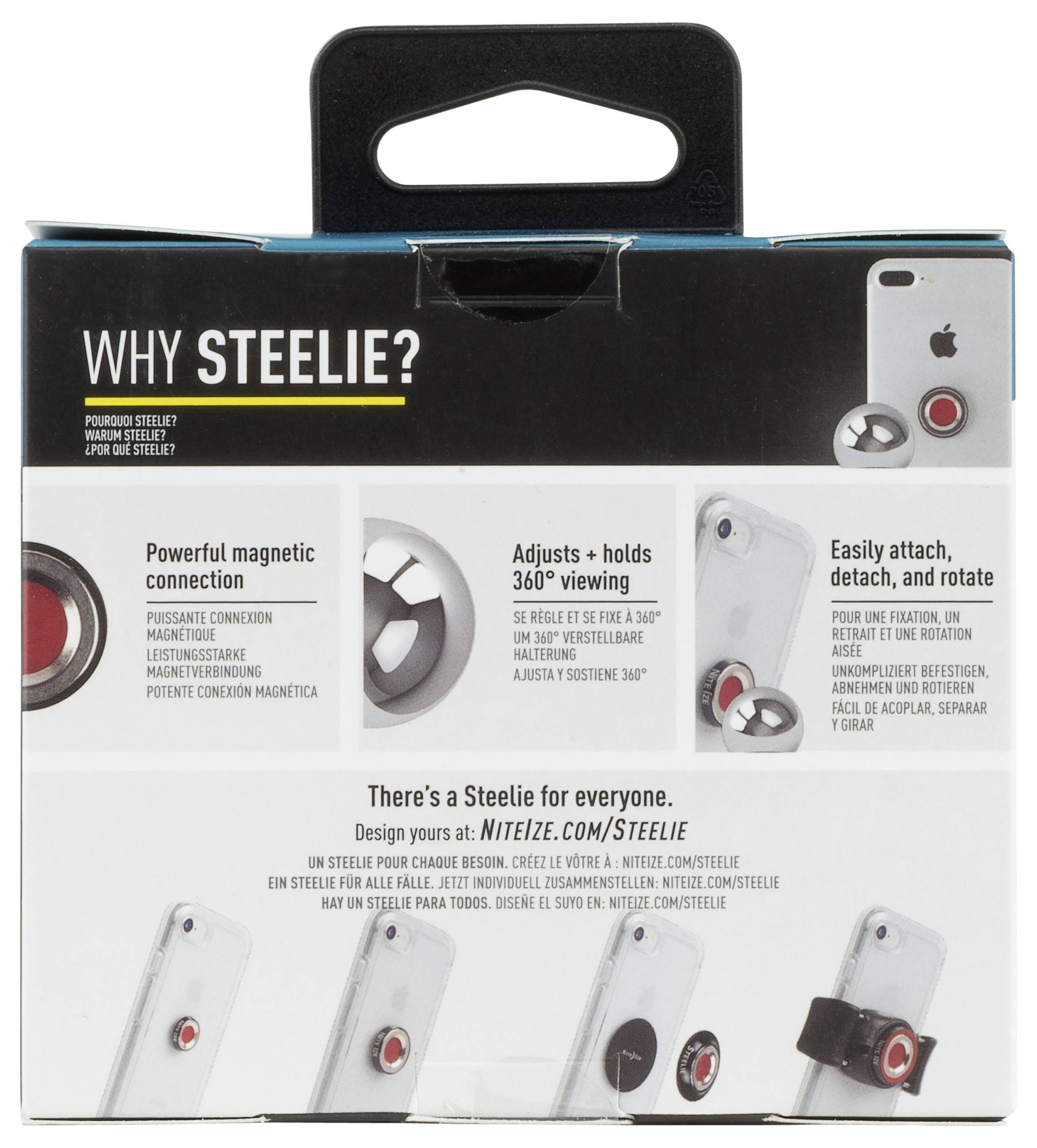 The image shows the back of a product package for 'STEELIE,' highlighting features: magnetic connection, 360° viewing, and easy attachment.