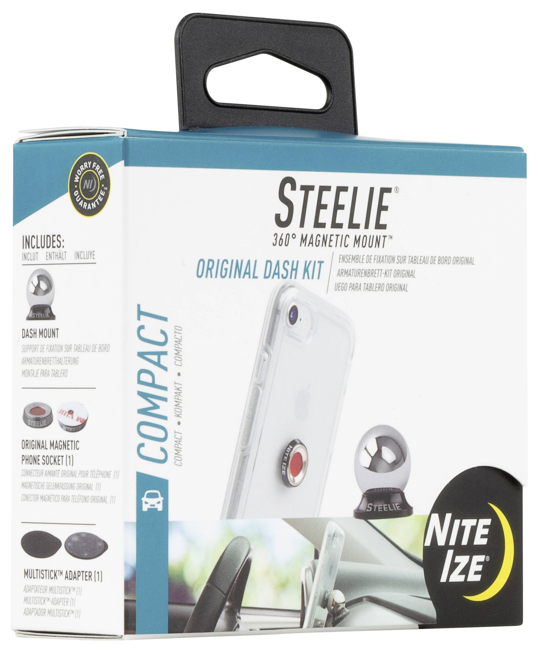 'Steelie 360° Magnetic Mount: Original Dash Kit' packaging with image of phone in mount, includes dash mount and magnetic phone socket.