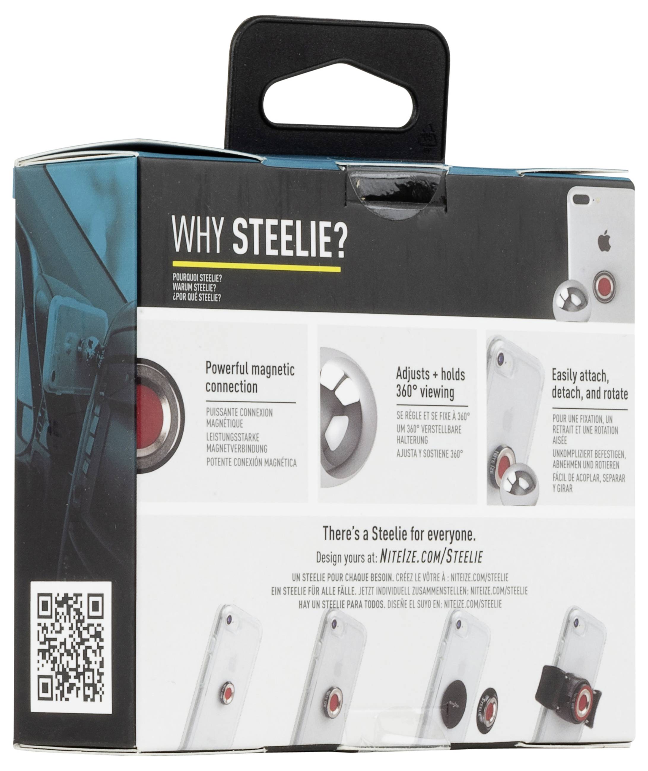 Box packaging for 'Steelie' phone mount highlights features: powerful magnetic connection, 360° adjustability, and easy mounting.