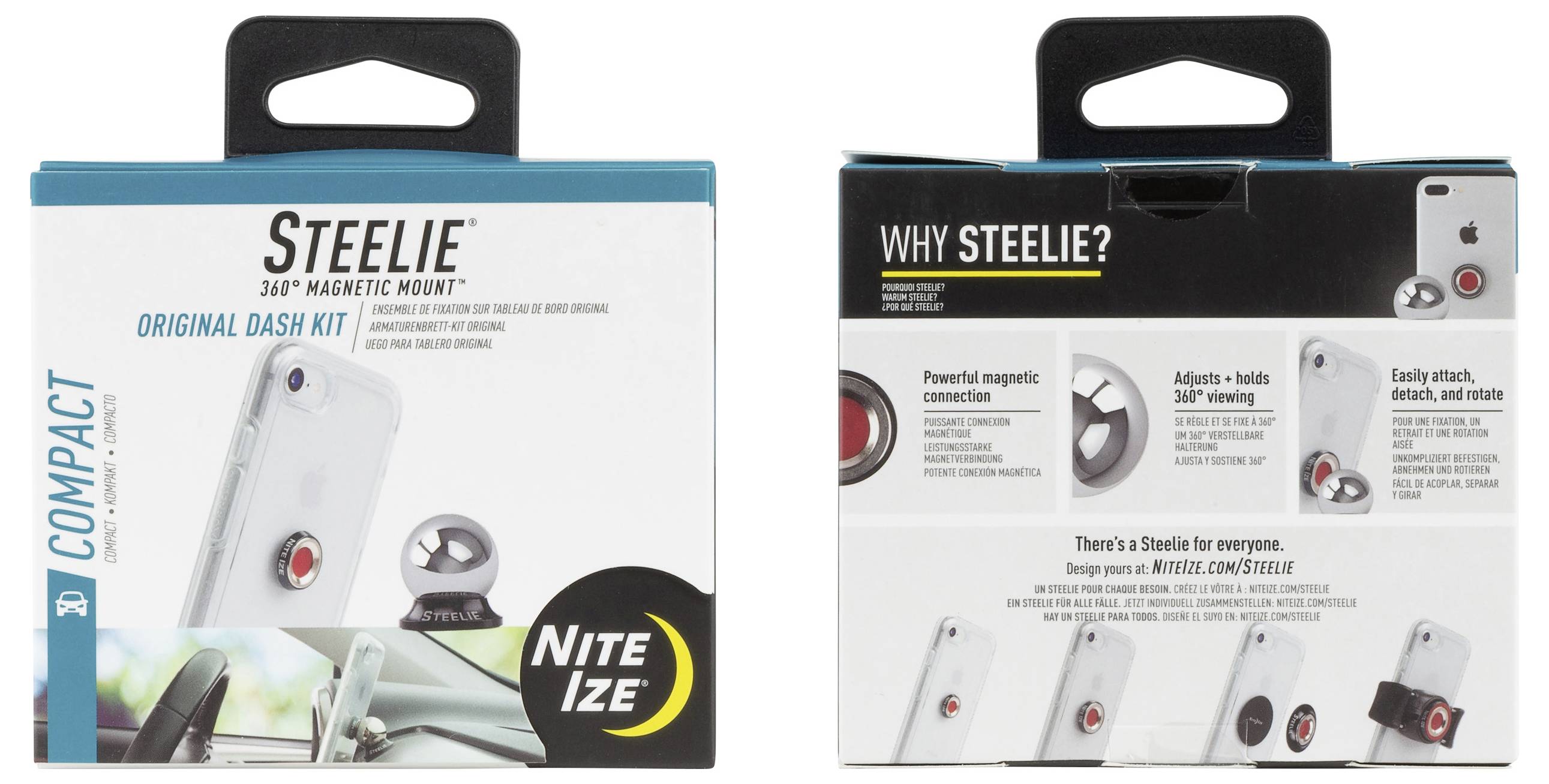 'Compact Steelie 360° Magnetic Mount: Original Dash Kit by Nite Ize. Package front shows mounted phone; back highlights features: magnetic connection, adjustability, easy detachment.'