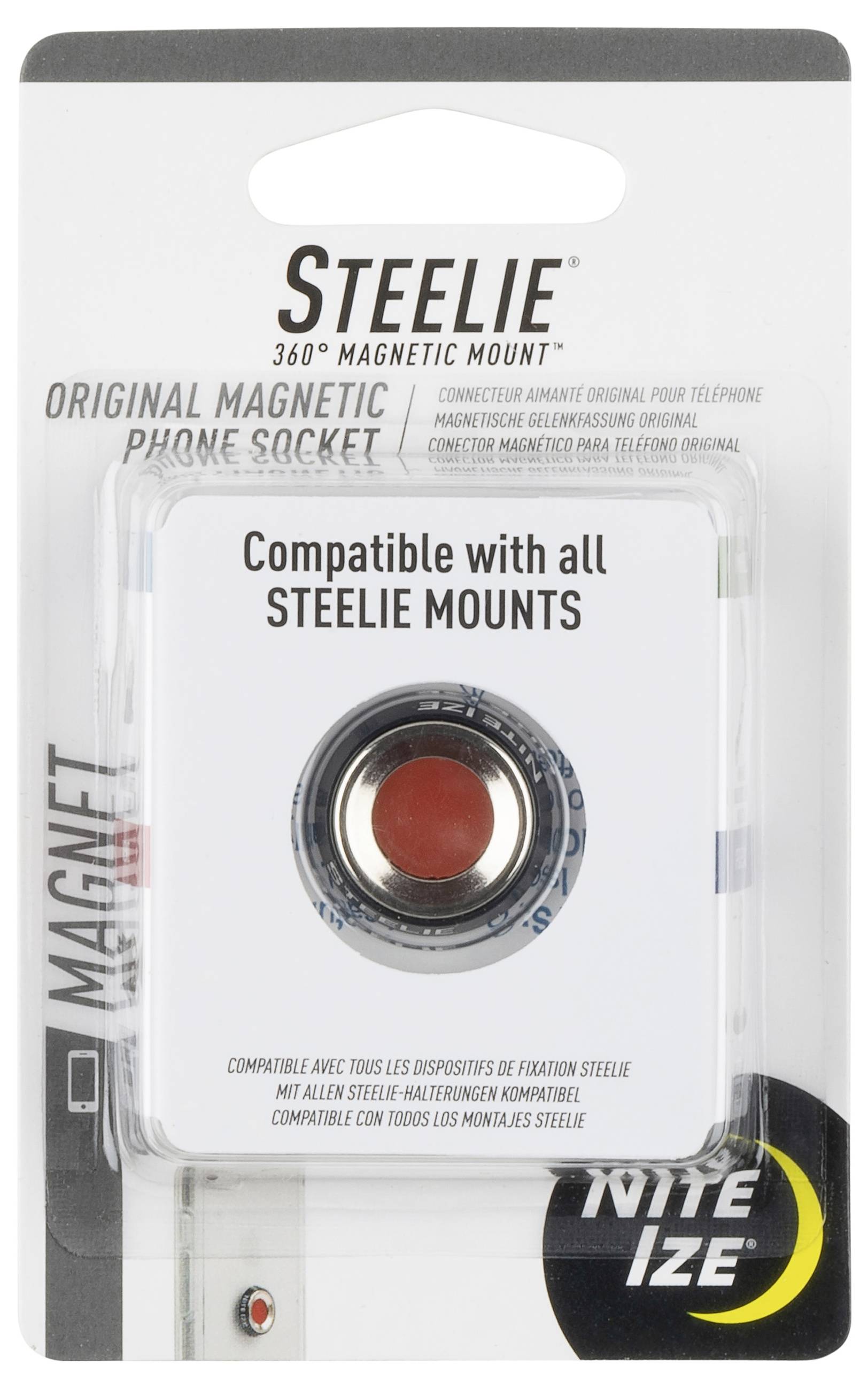 A package for a Steelie 360° Magnetic Mount, featuring a magnetic phone socket. Text reads 'Compatible with all Steelie mounts'.