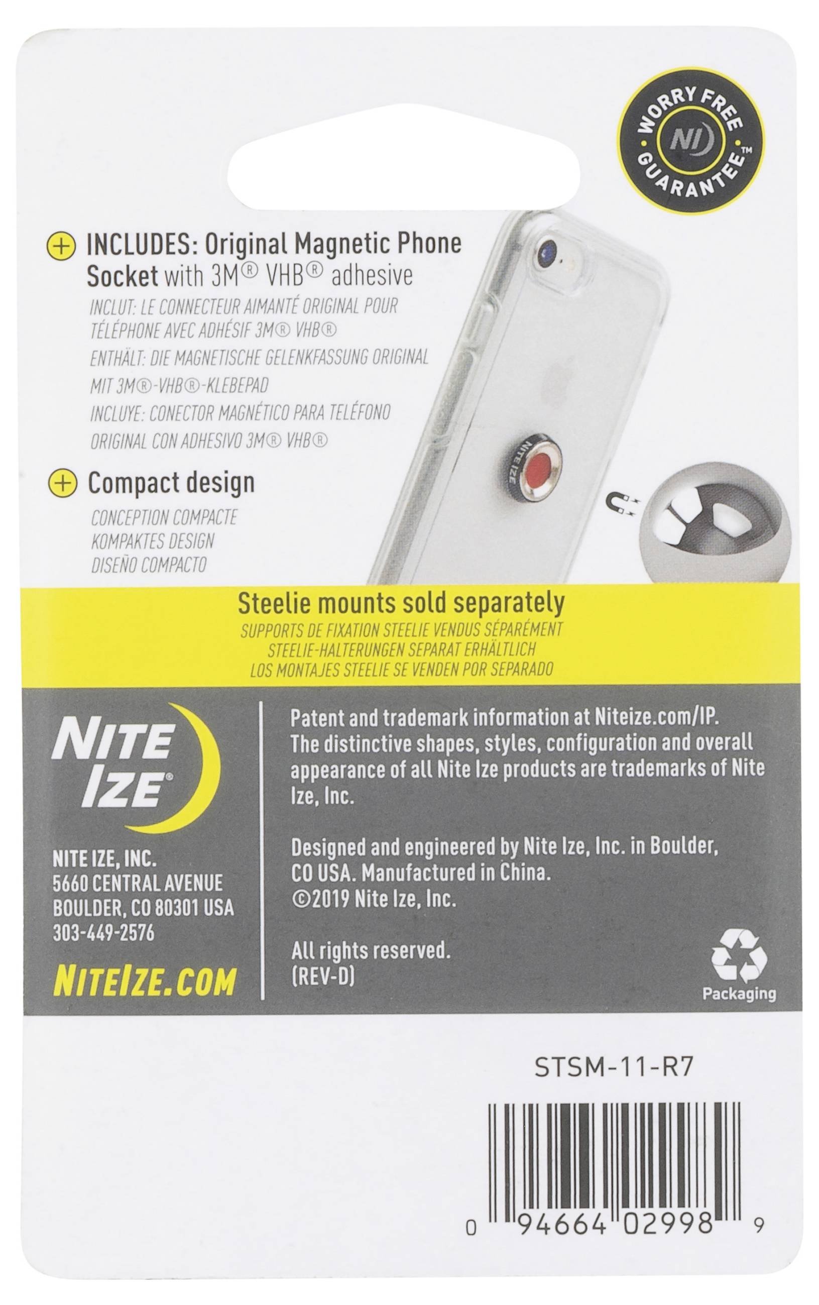 'Nite Ize' packaging for a phone socket with adhesive, a steelie mount not included. Features magnetic connection, limited guarantee badge.