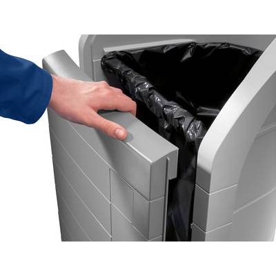 A hand opens a grey rubbish bin with a black bin liner.
