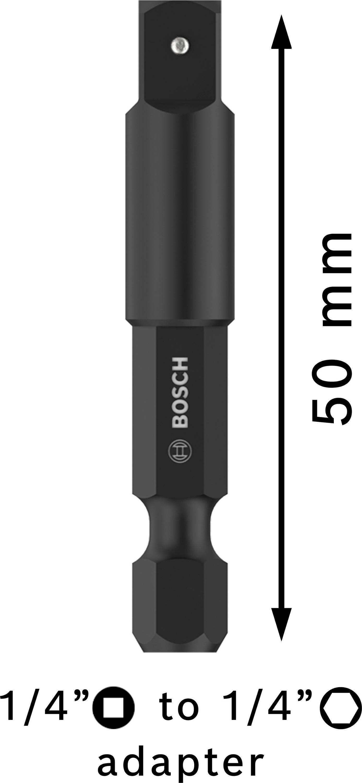 Shown is a black 50 mm adapter from Bosch that converts a hexagonal connection to a square connection.