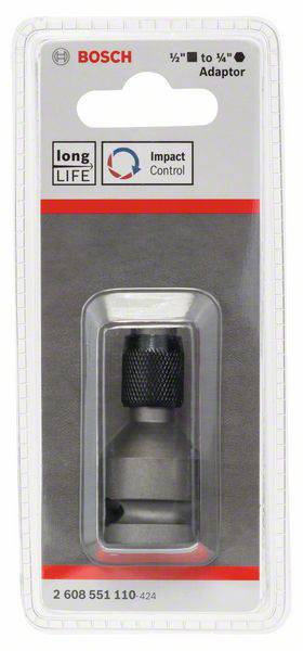Packaging of a Bosch adapter, 1/2 inch to 1/4 inch, featuring 'long life' and 'impact control' icons, depicted in a blister pack.
