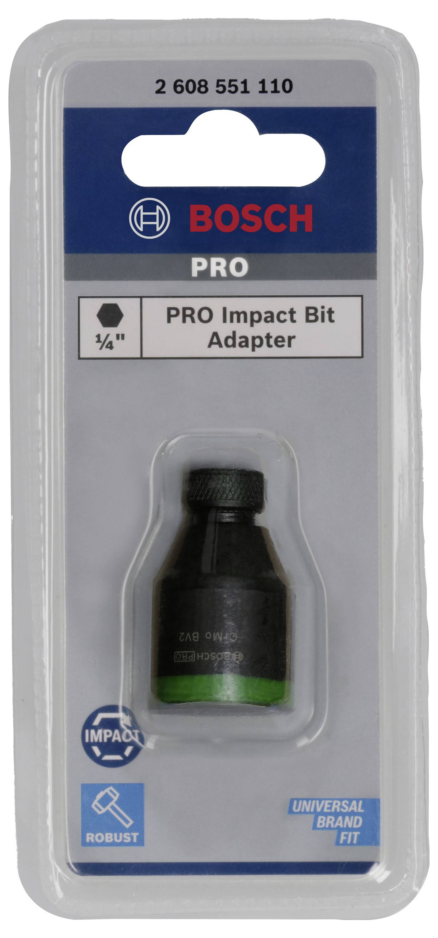 Packaging of a Bosch PRO Impact Bit Adapter. Contains robust quarter-inch bit holder, suitable for universal applications.
