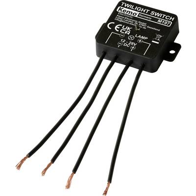A twilight switch by Kemo with four connection cables. Suitable for 12-28V direct current. Housing with mounting bracket.