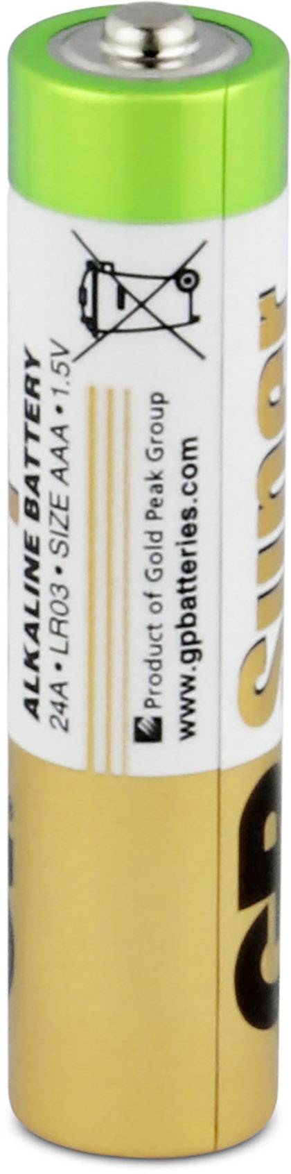 Alkaline Battery in Gold and Green, Size AAA, 1.5V. Contains recycling and disposal symbols. Manufacturer: GP Batteries.