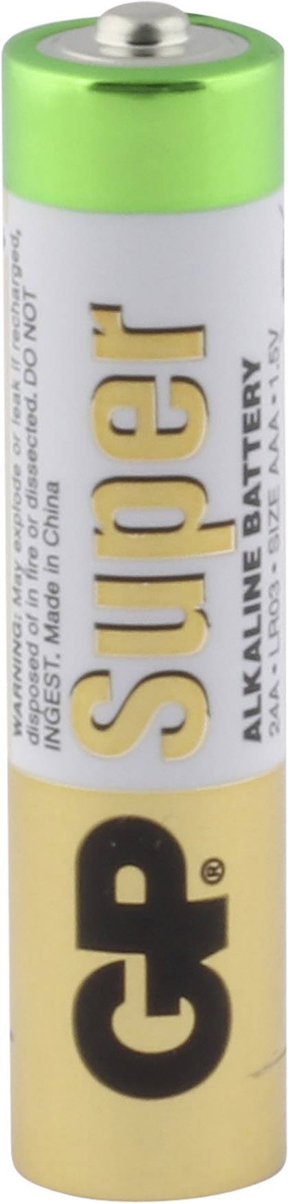 An AA alkaline battery with 'Super' and 'Alkaline Battery' printed on it. The top end is green, the bottom end is gold-coloured.