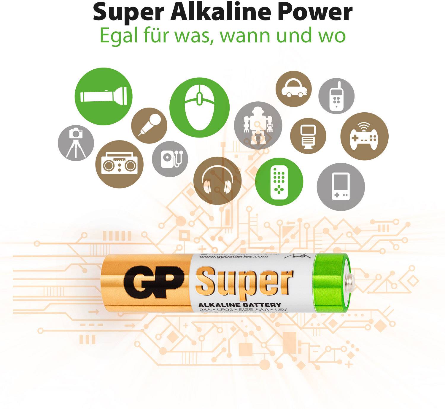 'Alkaline Battery with Colourful Symbols: Torch, Toy, Camera, Microphone, Remote Control. Text: "Super Alkaline Power".'