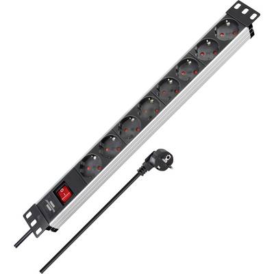 Rack-mount power strip with eight outlets, red on/off switch, and attached European power cord on a white background.