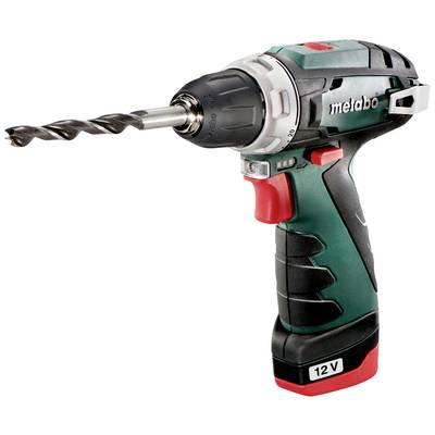 Cordless drill with 12 V, green and black, Metabo logo, drill bit fitted. Ideal for DIY tasks and convenient portability.