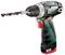 Cordless drill with 12 V, green and black, Metabo logo, drill bit fitted. Ideal for DIY tasks and convenient portability.