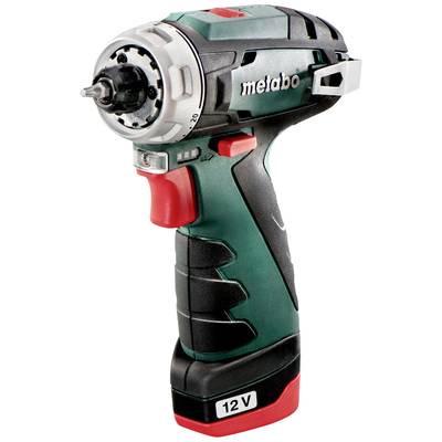 Metabo 12V cordless drill driver in green and black with a red trigger and side belt clip, compact and ergonomically designed.