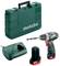 Green cordless drill with drill bit, Metabo logo. Includes charger, 12V battery, carry case. Ideal for DIY and construction projects.