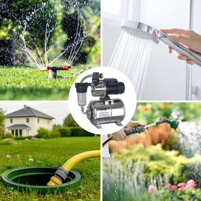 A collage showing uses of water pumps: lawn sprinklers, a shower head spraying water, a pump device, and a garden being watered.