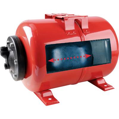 A red expansion tank with a side view window showing a black inner chamber. Arrows indicate water flow within the chamber.