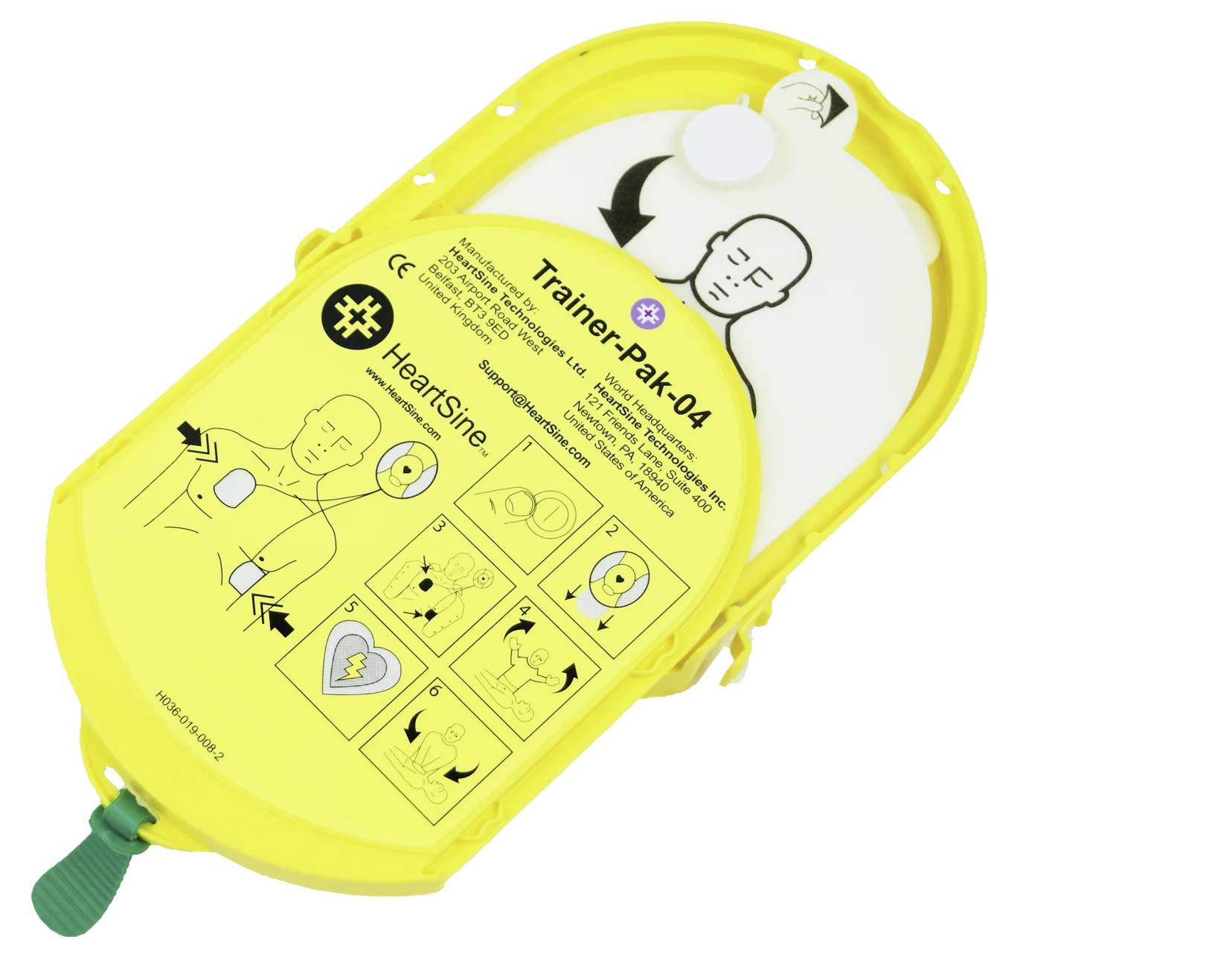 A yellow AED training kit with illustrations instructing the correct usage on individuals in an emergency.