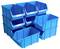 A stack of eight blue plastic storage bins, three stacks with two bins and one stack with four bins.
