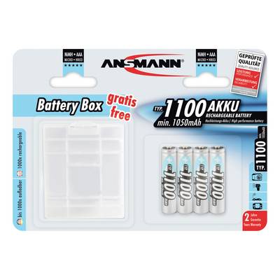 'Ansmann' battery pack contains four Type 1100 rechargeable batteries and a free battery storage box. Suitable for devices requiring AAA batteries.