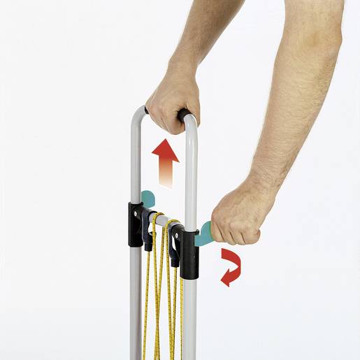 A hand lifts the handle of a folding luggage trolley, with arrows indicating the movement direction: upwards and rotatable.