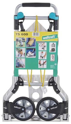 Compact, folding transport trolley with large wheels. Provides images in use, shows load capacity and functions.