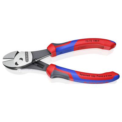 'KNIPEX' labeled pliers with red and blue rubber handles and a steel cutter, featuring text '73 72 180 F' and 'Patented cap. Piano ø 3 mm'.