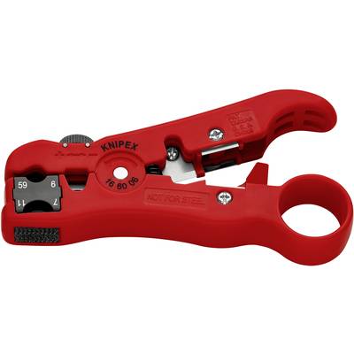 Red wire stripping tool with multiple cutting functions, handle with indentations, screw adjustment for cable diameter and markings.