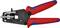 Cable crimping tool with red handles and black body, suitable for stripping and crimping cables.