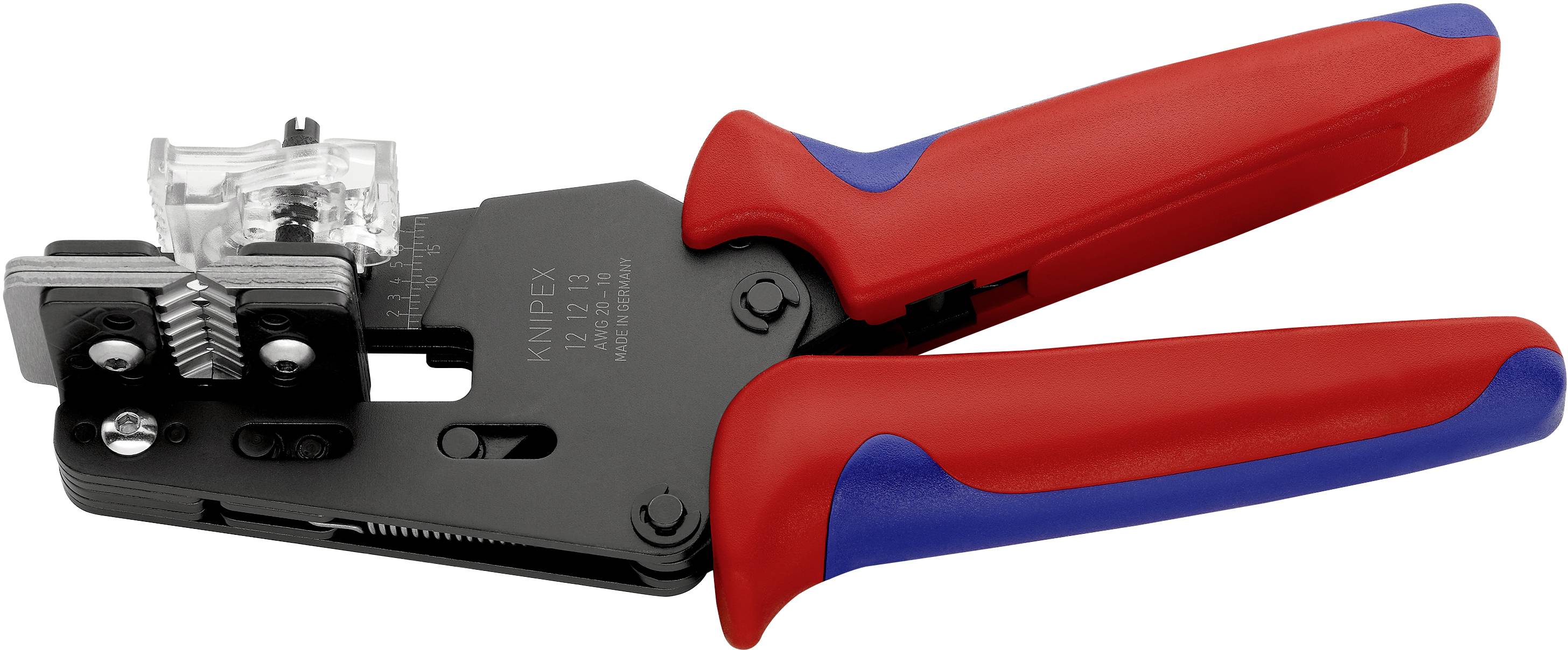 Pictured is a red and blue crimping tool with press mechanism, suitable for terminating network cables with RJ45 connectors.