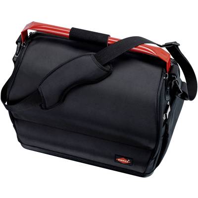 Black tool bag with red handle and shoulder strap, ideal for secure tool transportation.