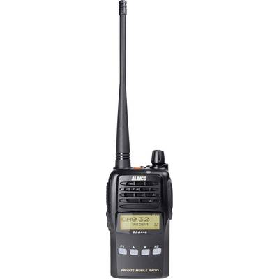 A portable radio transceiver with a long antenna, black casing and a display showing 'CH8 52 9030H 32'.