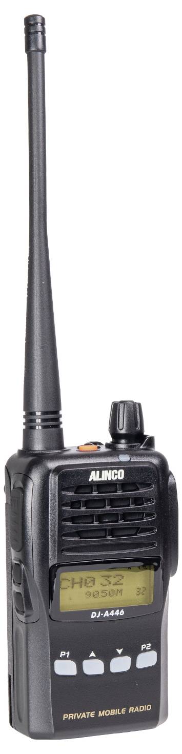 A handheld radio by Alinco, model DJ-A446, with antenna, black casing and display, shows Channel 32 and frequency 446.125 MHz.