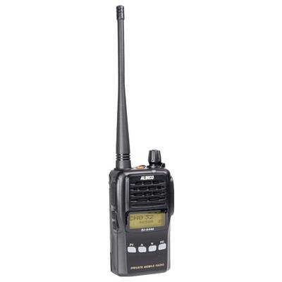 A handheld radio by Alinco, model DJ-A446, with antenna, black casing and display, shows Channel 32 and frequency 446.125 MHz.