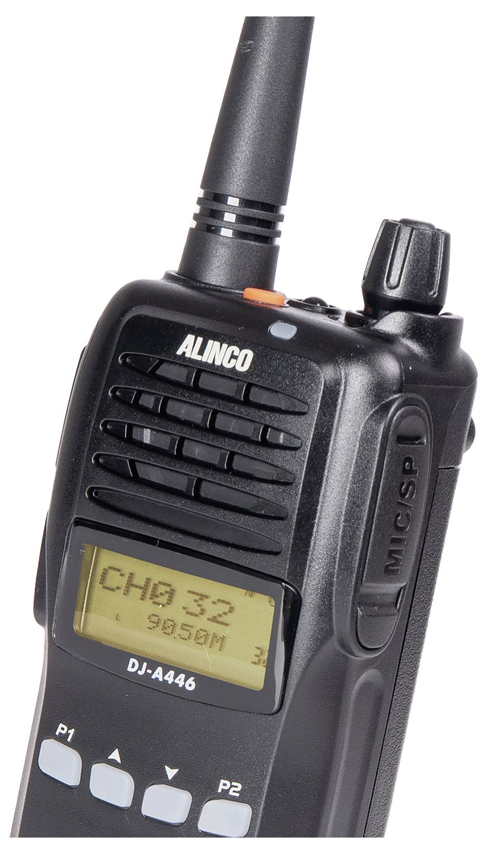 Handheld radio by 'ALINCO', model 'DJ-A446', switched on display shows 'CH0 32' and '90.59M'.