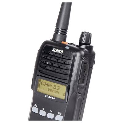 Handheld radio by 'ALINCO', model 'DJ-A446', switched on display shows 'CH0 32' and '90.59M'.