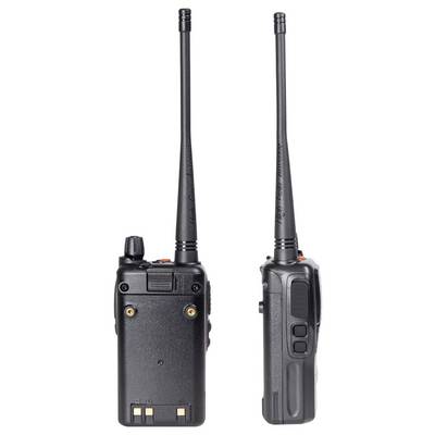 Two black handheld radios with long aerials, viewed from the back and side, demonstrate controls and functionality.