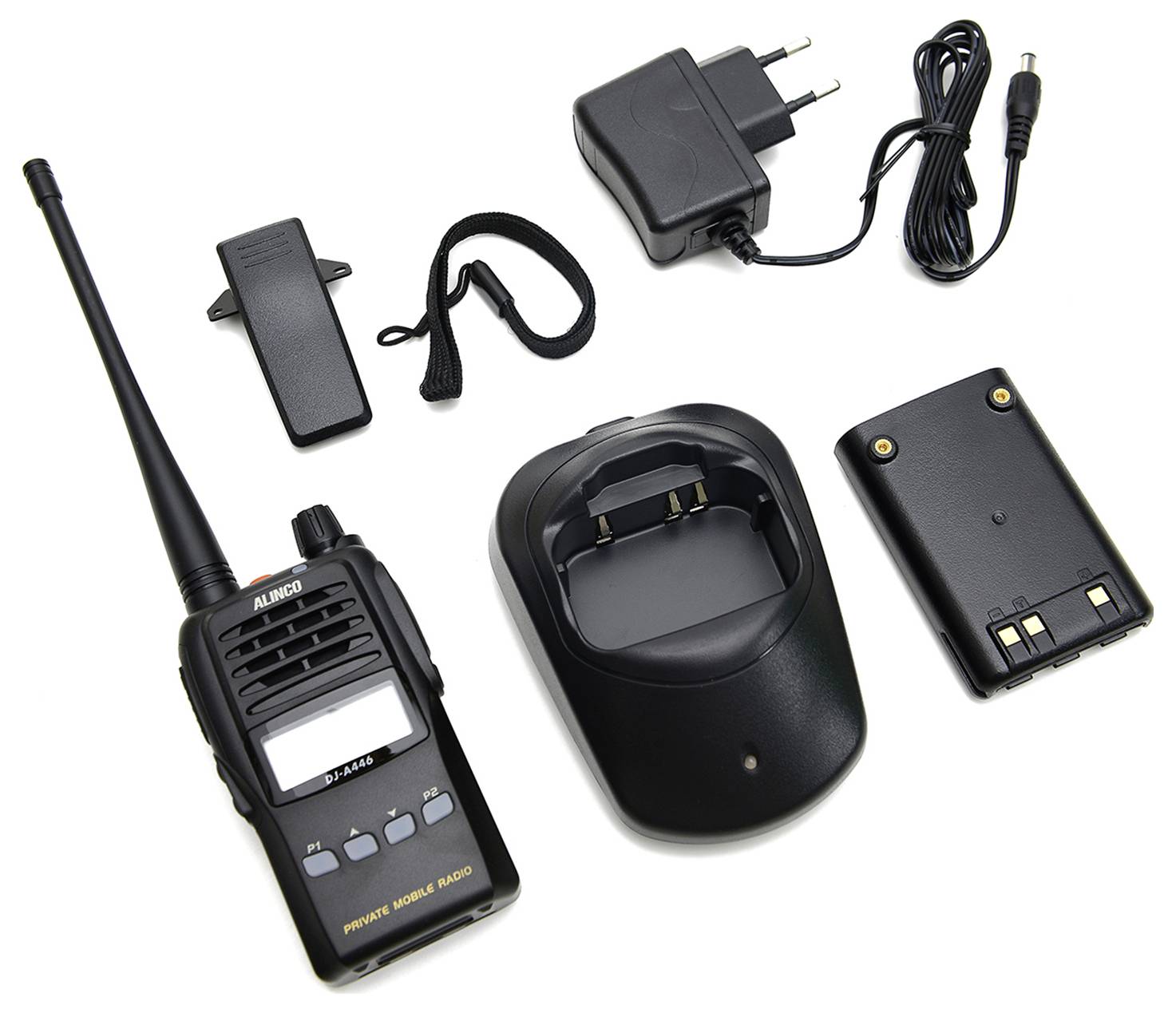 A two-way radio set with charger, battery, belt clip and power adapter. The radio is black with an antenna and a display.