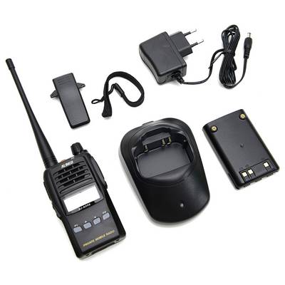 A two-way radio set with charger, battery, belt clip and power adapter. The radio is black with an antenna and a display.