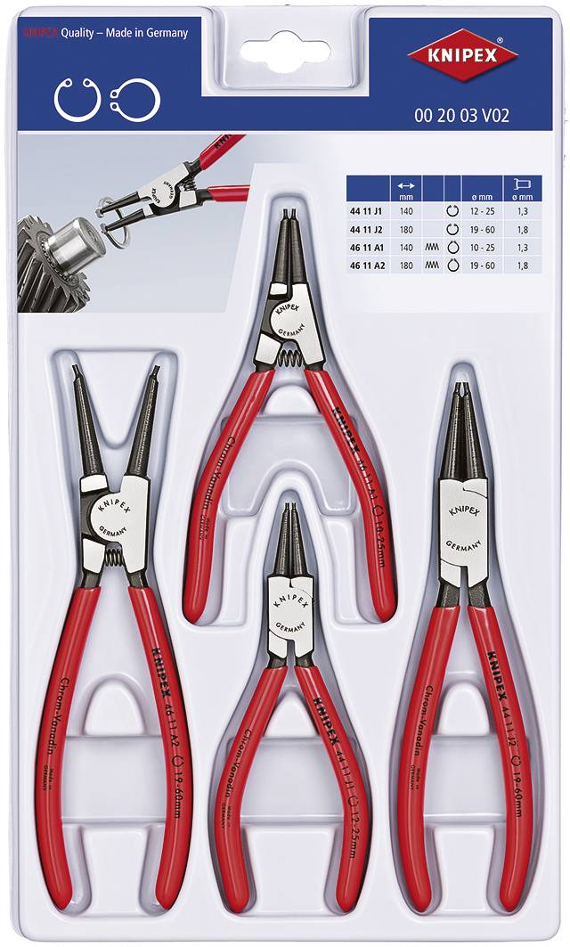 Knipex 00 20 03 V02 Circlip pliers set Suitable for Outer and inner rings 19-60 mm, 12-25 mm 10-25 mm, 19-60 mm Tip shape (details) Straight