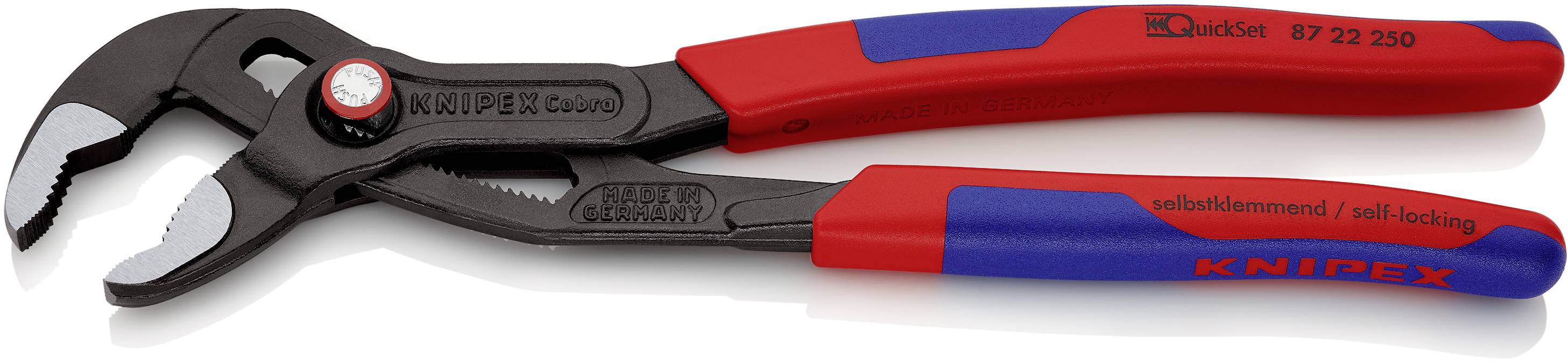 Water pump pliers with black, toothed gripping head and red handle, suitable for plumbing work. Brand: Knipex.