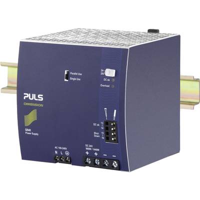 A blue switched-mode power supply from PULS, model QS40, mounted on a DIN rail. It shows connection options and status indicators.