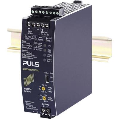 DC Uninterruptible Power Supply Module for DIN Rail Mounting. Displays input and output specifications, status LEDs, and battery connections.