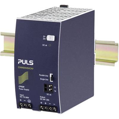 A blue DIN rail power supply from PULS, model CPS20, displays input and output data along with slots for parallel operation.