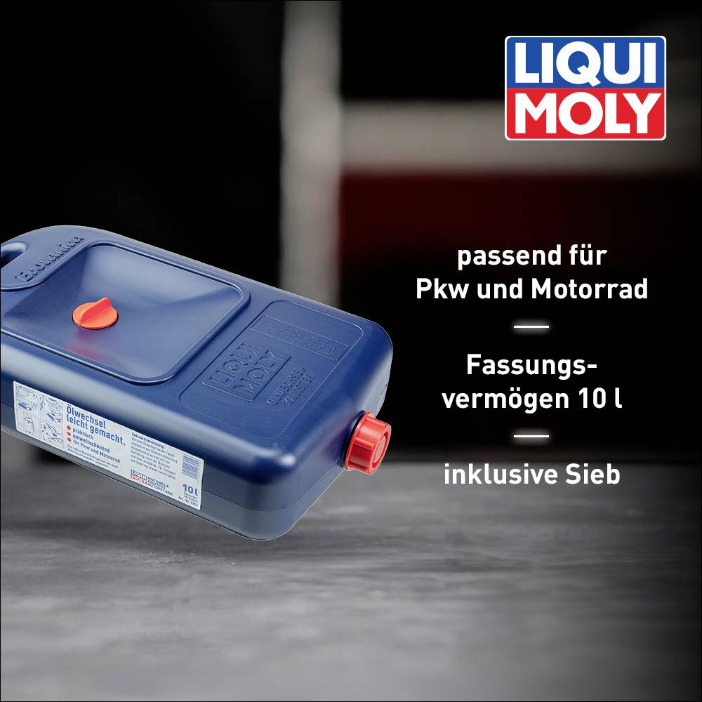 A blue Liqui Moly oil collection container with a red cap, suitable for cars and motorcycles, 10 l capacity, including a strainer.